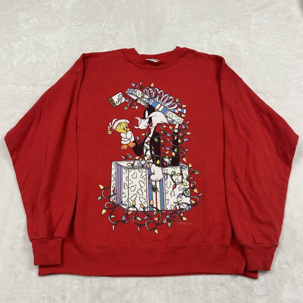 Warner Bros Sweatshirt Mens XL Red Vintage 1994 Looney Tunes Sylvester Tweety